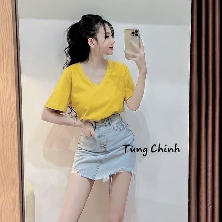 Áo thun nữ trơn cổ tim form dài dấu quần, Áo phông ngắn tay dáng rộng AT1128 - NhiNhiShop | BigBuy360 - bigbuy360.vn