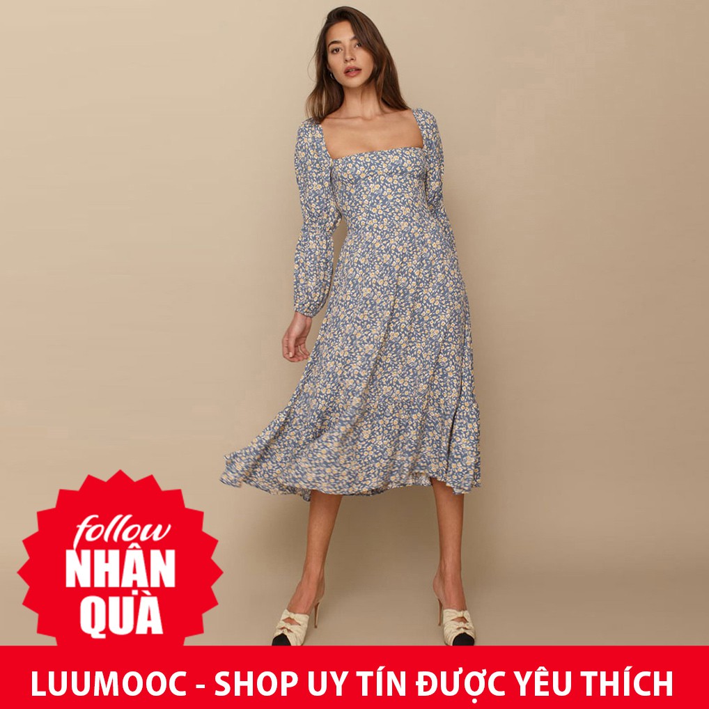 Đầm Zara hoa xanh chun lưng mặc thon thả xinh đẹp DH2OXG79N10