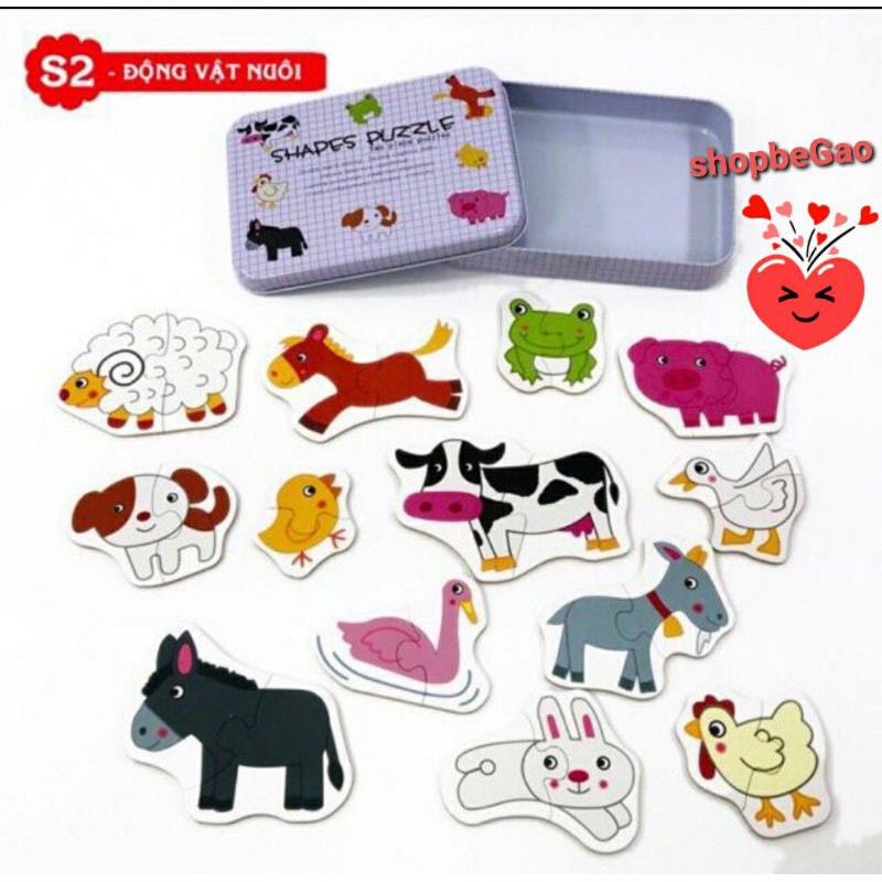 Bộ Ghép Hình Hộp Sắt 2 Mảnh Shapes Puzzle - Động vật nuôi - Giúp BéThông Minh