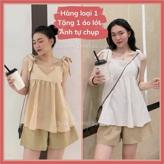  Sét áo 2 dây babydoll buộc nơ vai kèm quần đùi bộ quần sooc áo 2 dây trơn sét quần áo nữ đẹp mặc hè 