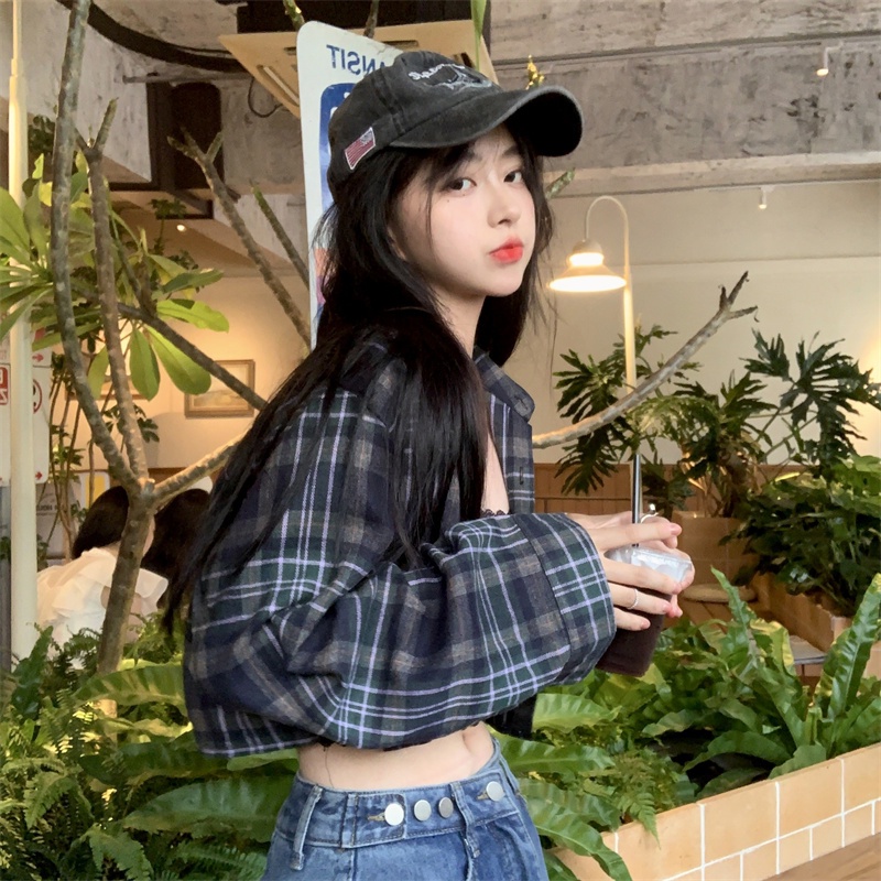 ZHELIHANGFEI Áo Sơ Mi Tay Dài Họa Tiết Sọc Caro Phong Cách Retro Thời Trang