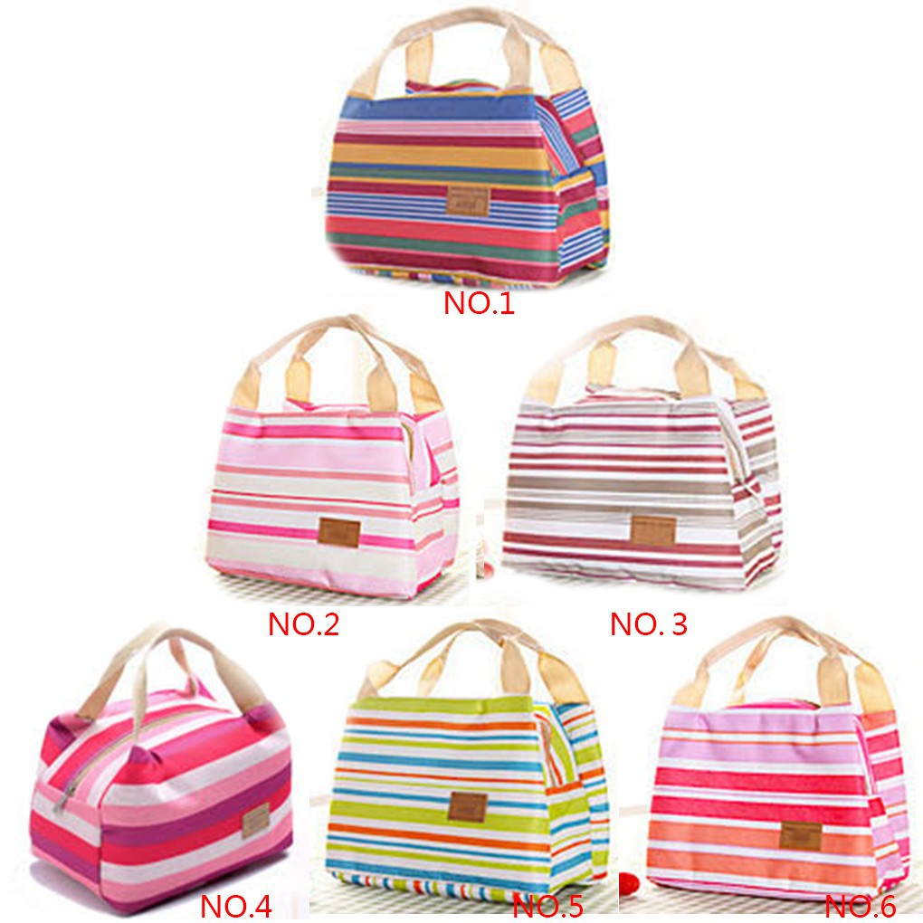 Canvas Stripe Thermal Bags Kids Baby Tote Picnic Lunchbox