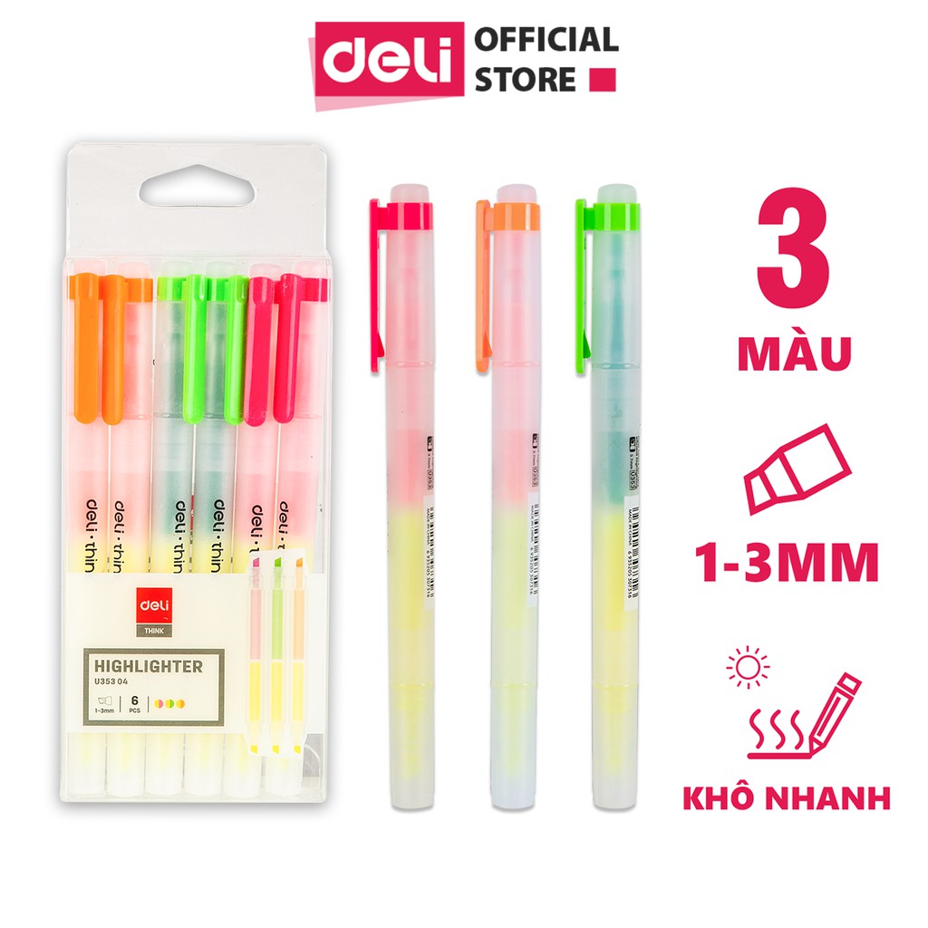 Bút nhớ dòng Deli - 2 đầu 2 màu - bút highlight , bút dấu dòng - 6 chiếc/hộp EU35304