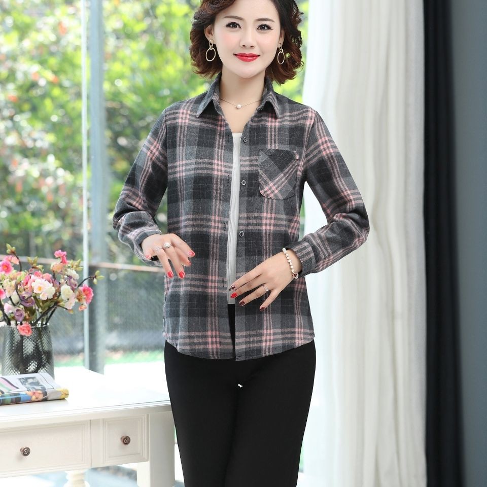 Spring and summer new products cotton sanding plaid shirt middle-aged women's long-sleeved Korean version of loose loose all-match casual women's blouse mother dress