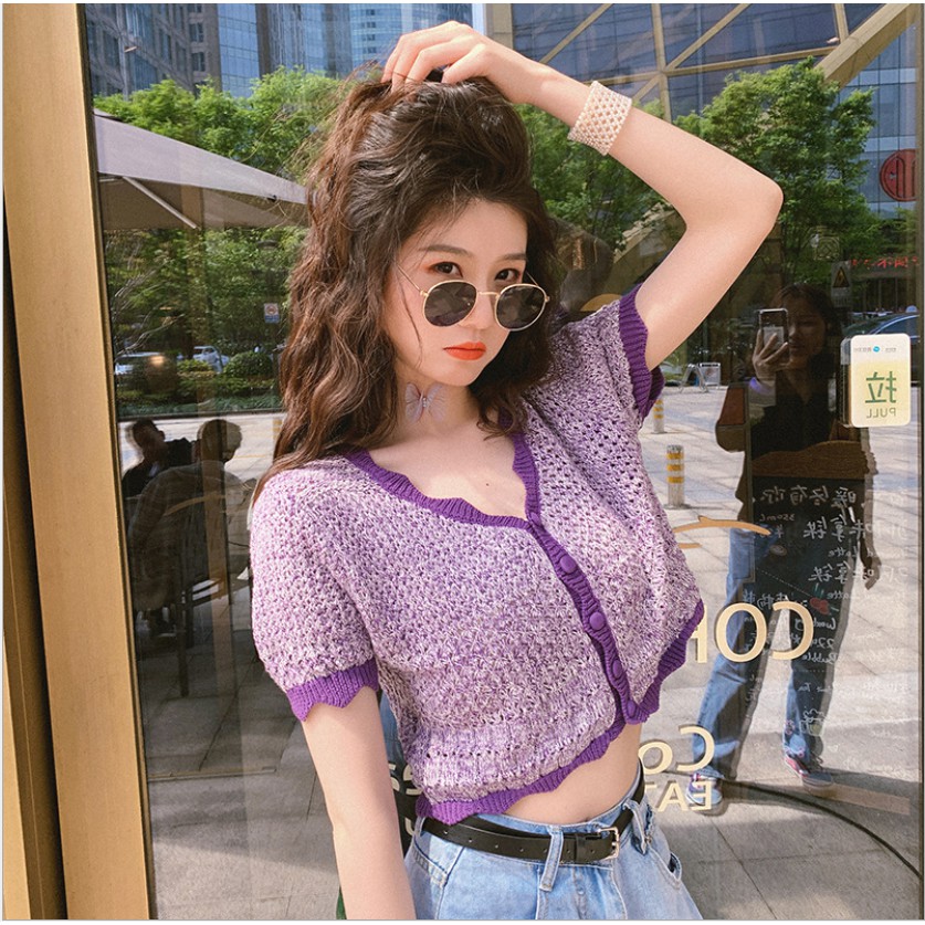 [ĐỒ TẾT] Áo croptop len dệt kim cổ V