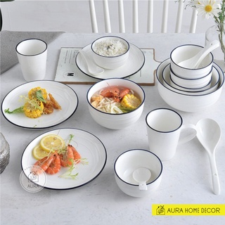 Bộ bát đĩa 20 món gốm sứ men bóng trắng viền xanh tao nhã, đơn giản dành cho gia đình 6 người