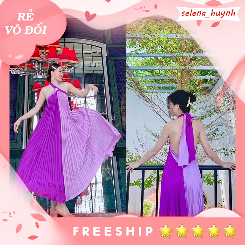 Đầm maxi dập ly tím phối màu hở lưng xòe rộng đi biển du lịch SELENA106A