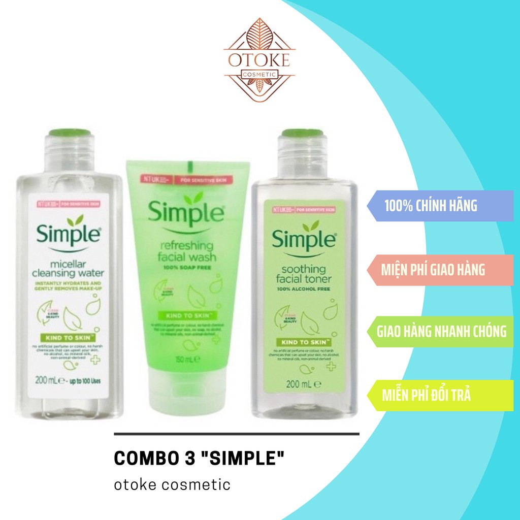 [Mã COS1505 giảm 8% đơn 300K] Combo 3 Simple nước hoa hồng 200ml + sữa rửa mặt 150ml + tẩy trang 200ml