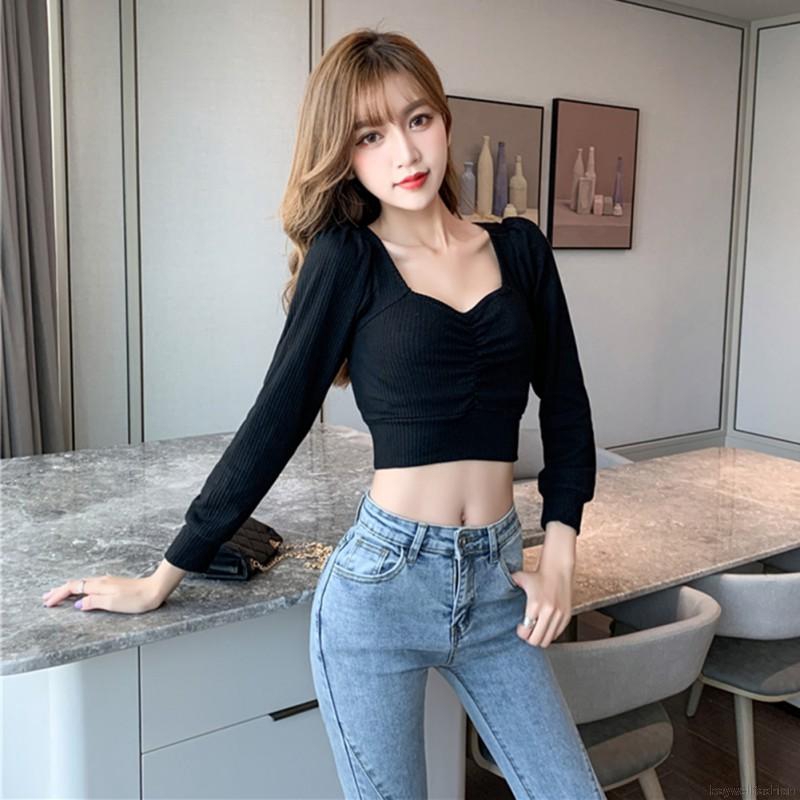 [Baywellfashion]Retro Square Collar Elastic Tight  Long Sleeve Crop Tops | BigBuy360 - bigbuy360.vn