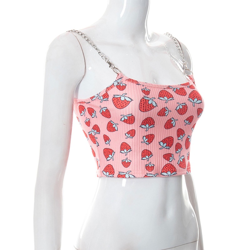 Brroa Áo Croptop Hai Dây Mỏng In Họa Tiết Dâu Tây Dây Xích Kim Loại Dễ Thương Cho Nữ