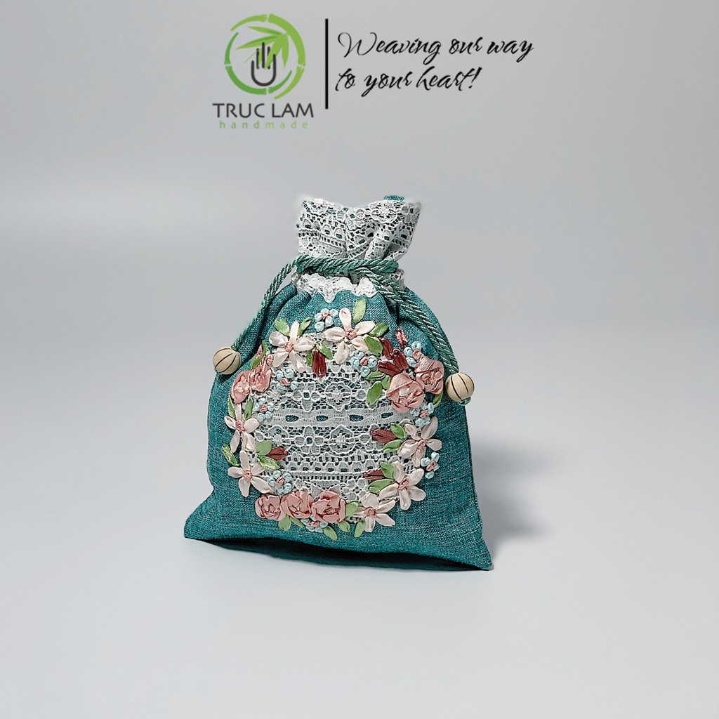 Túi Rút Thêu Ruy Băng Họa Tiết Hoa Phối Ren - Trúc Lâm Handmade