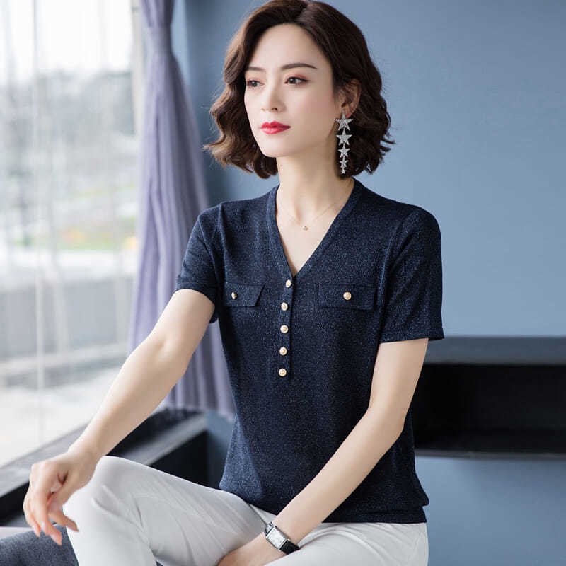 Áo Thun Dệt Kim Tay Ngắn Cổ Chữ V Thời Trang Cho Nữ Trung Niên | BigBuy360 - bigbuy360.vn