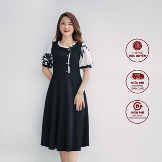 Đầm trung niên dáng xòe dự tiệc cổ tròn phối nút màu đen TTV975