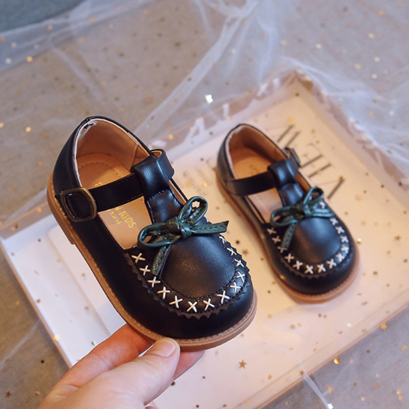 Giày Da Đế Mềm Chống Trượt Đính Nơ Phong Cách Vintage Cho Bé Gái 2-8 Tuổi