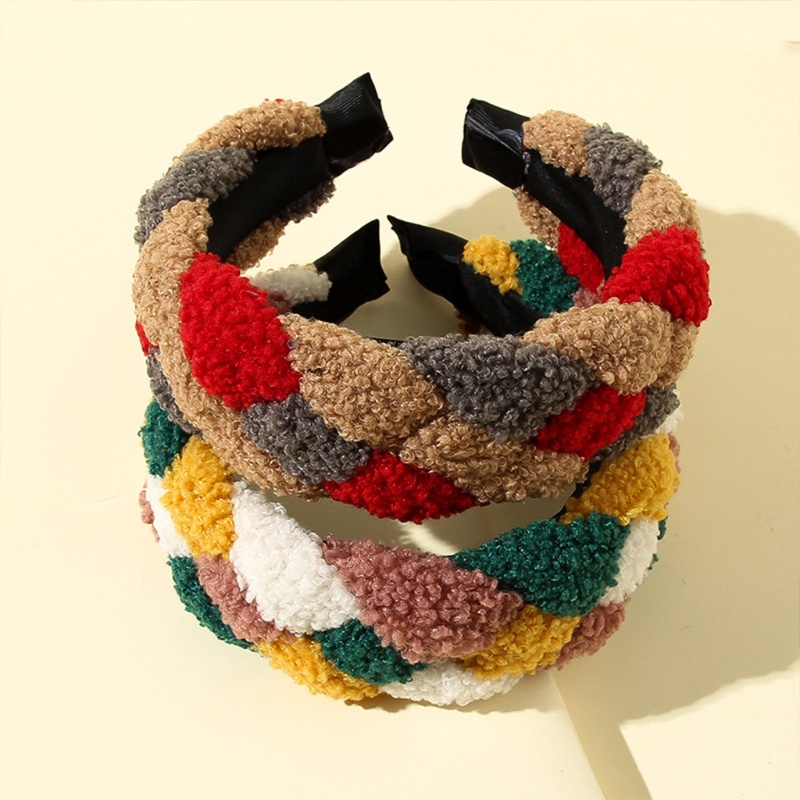 Băng Đô Cài Tóc Giả Lông Cừu Bản Rộng Màu Tương Phản Phong Cách Dân Tộc Vintage Mùa Đông Cho Nữ