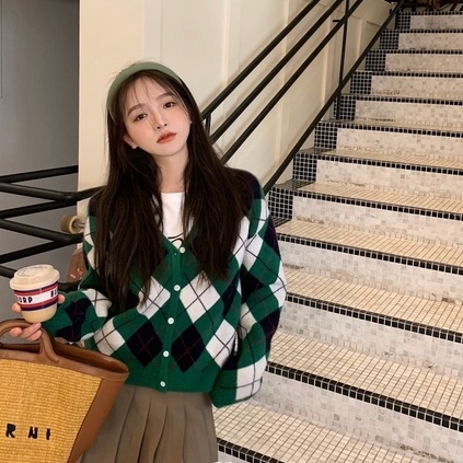 Áo Khoác Len Cardigan Nữ Dệt Kim Dáng Rộng Họa Tiết Trám Tông Xanh Phong Cách Cổ Điển Vintage Hàn Quốc