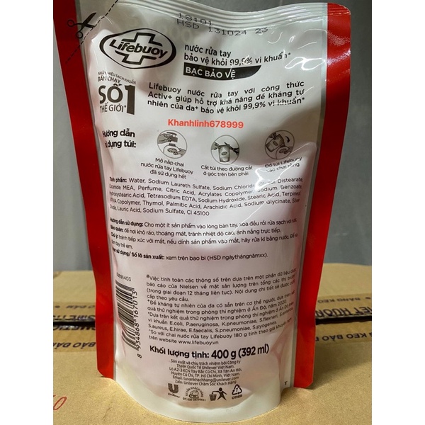 Túi nước rửa tay Lifebuoy bảo vệ vượt trội 400g