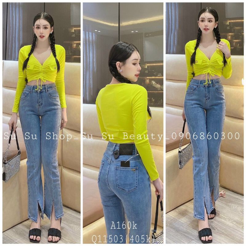 Áo tay dài croptop rút ngực phối 2 nút borip cao cấp