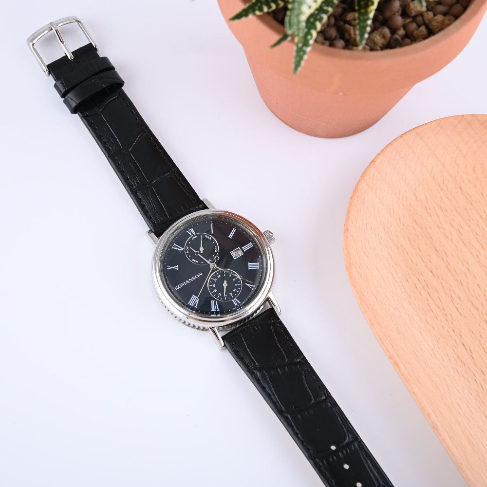 Đồng hồ Romanson Sport Men Watch TL1276BMWBK nam dây da mặt tròn kính chống xước máy Thụy Sĩ cao cấp chính hãng