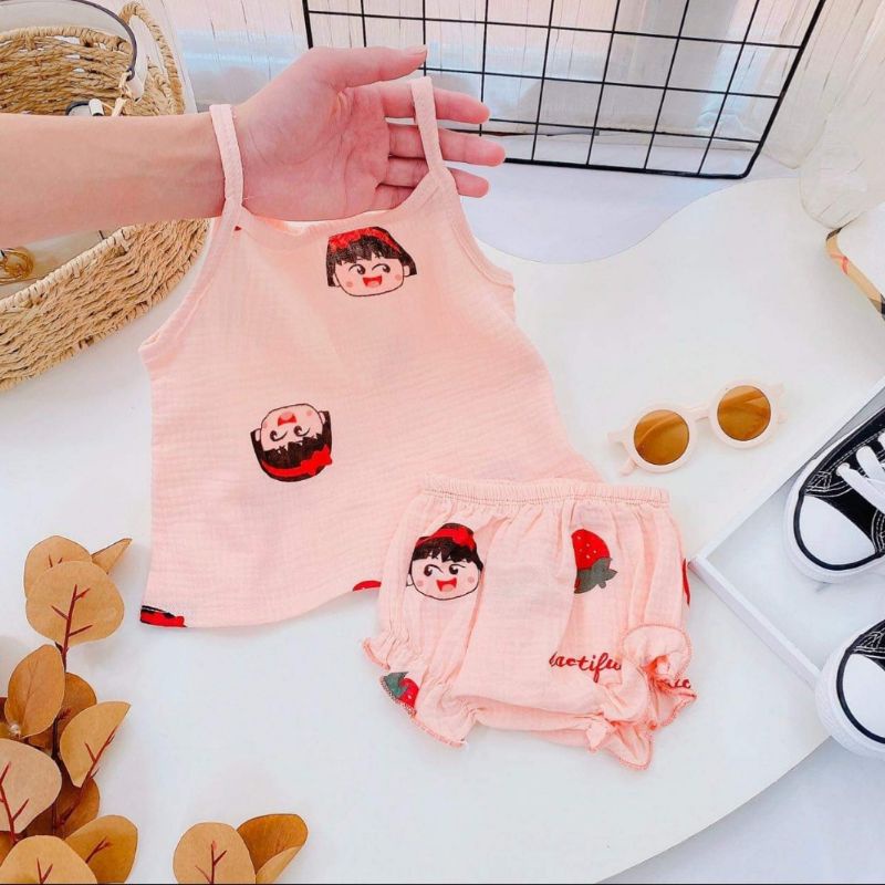 Bộ 2 dây xô Muslin bé gái chất đẹp mát nơ ngực quần nhún bèo