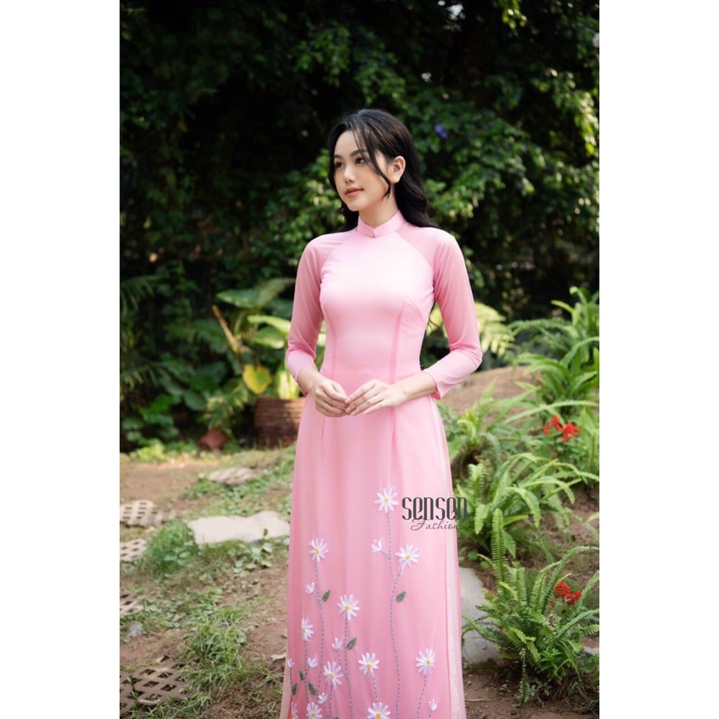 Áo Dài Truyền Thống Nữ Vàng 4 Tà Hoa Thêu Ri Băng Áo Dài Chuẩn Phom Cam kết Chất Lượng