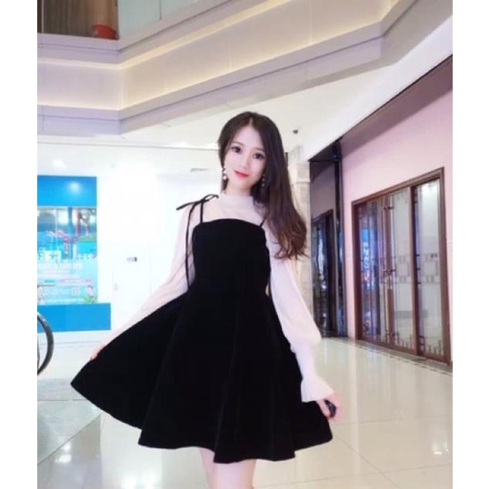 🥰Freeship Set đầm xoè nhung|Đầm ulzzang tiểu thư áo nhũ mỏng lấp lánh tay bèo váy 2 dây yếm cực xinh+video ảnh thật ,