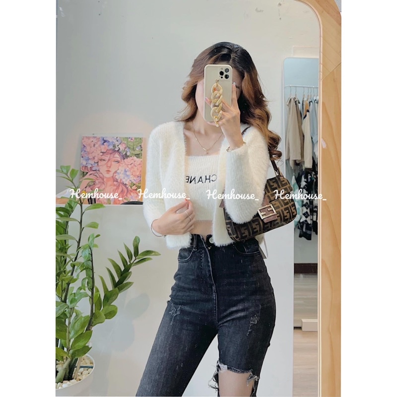 Set áo hai dây len lông kèm áo khoác cadigan