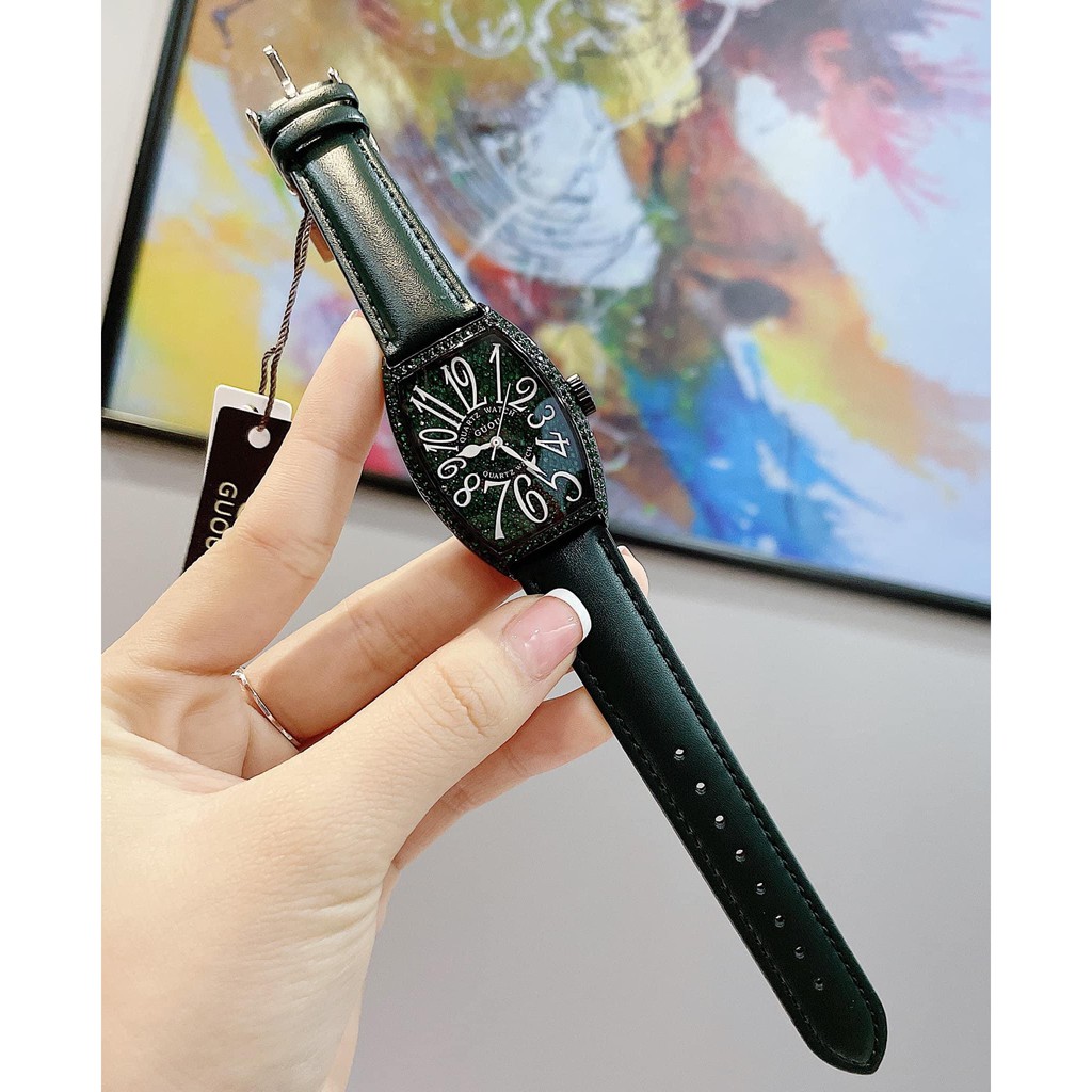 Đồng hồ nữ g.u.o.u màu xanh ngọc mặt đính full đá sang trọng , dáng bầu quai da siêu bên donghoguou | BigBuy360 - bigbuy360.vn