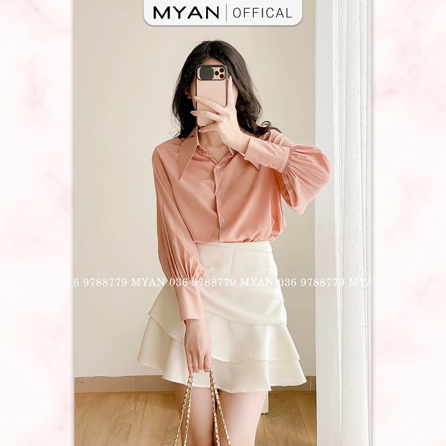 Áo Sơ Mi Nữ Cổ Nhọn MYAN Thiết Kế Tay 3 Cúc Màu Trơn Trắng, Nâu, Hồng AVN032204