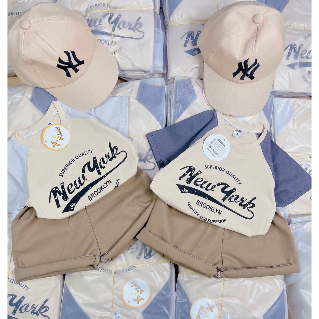 Bộ cộc tay bé trai, bộ quần áo N.Y phối vai khỏe khoắn tặng kèm mũ cho bé