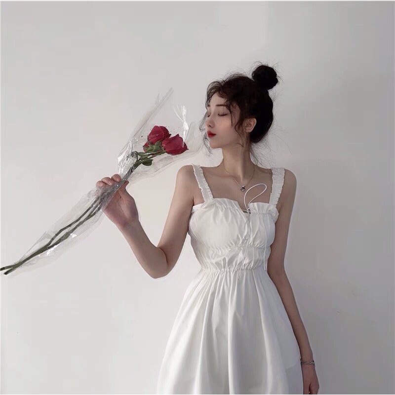 Váy hai dây chun ngực buộc dây vintage, váy maxi trắng < , kèm video