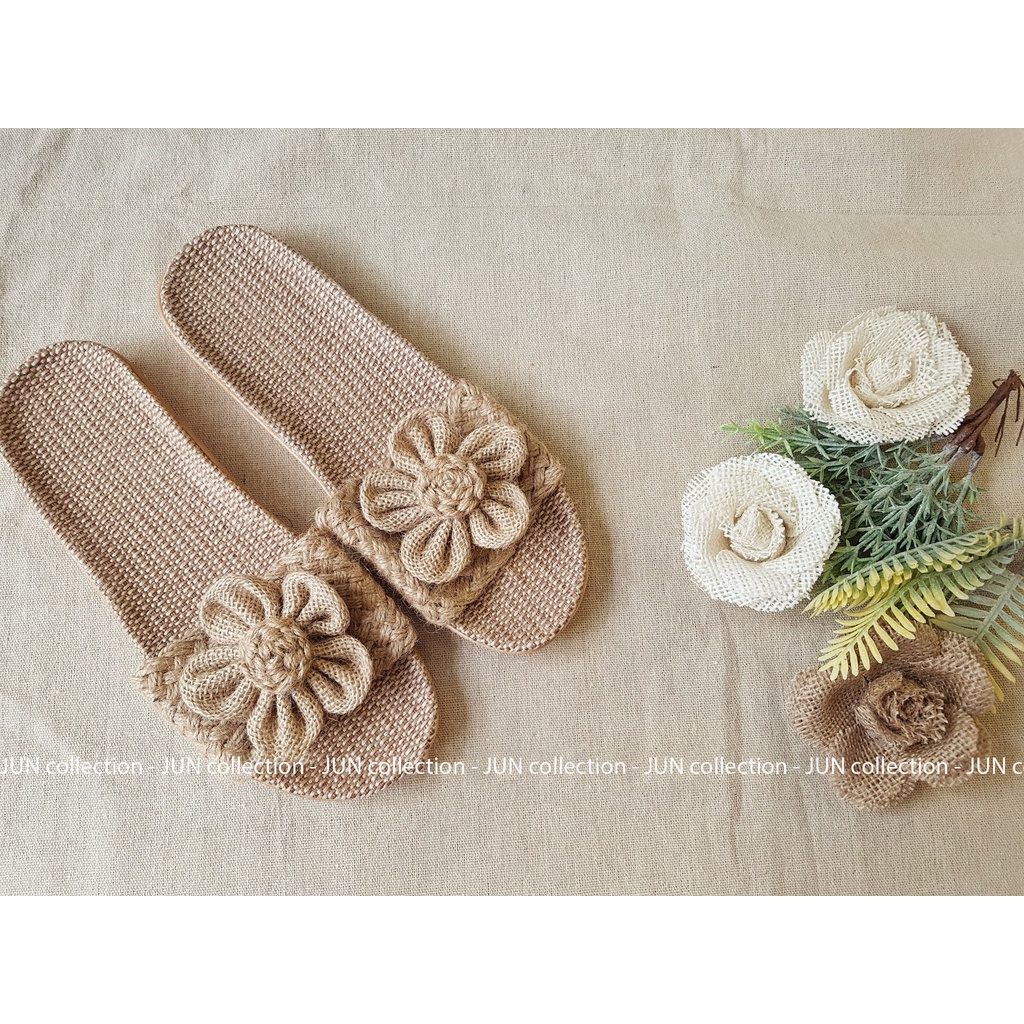 Dép cói quai ngang đính hoa handmade vintage, mang nhà, đi biển, dạo phố, Hàn Quốc