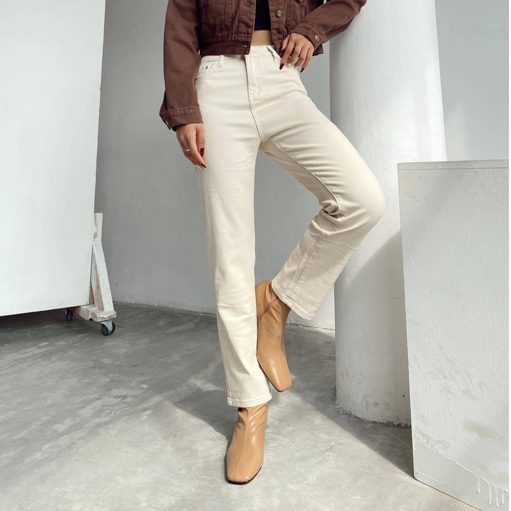 Jeans boyfriend cạp cao be - Quần jean nữ lưng cao basic J449