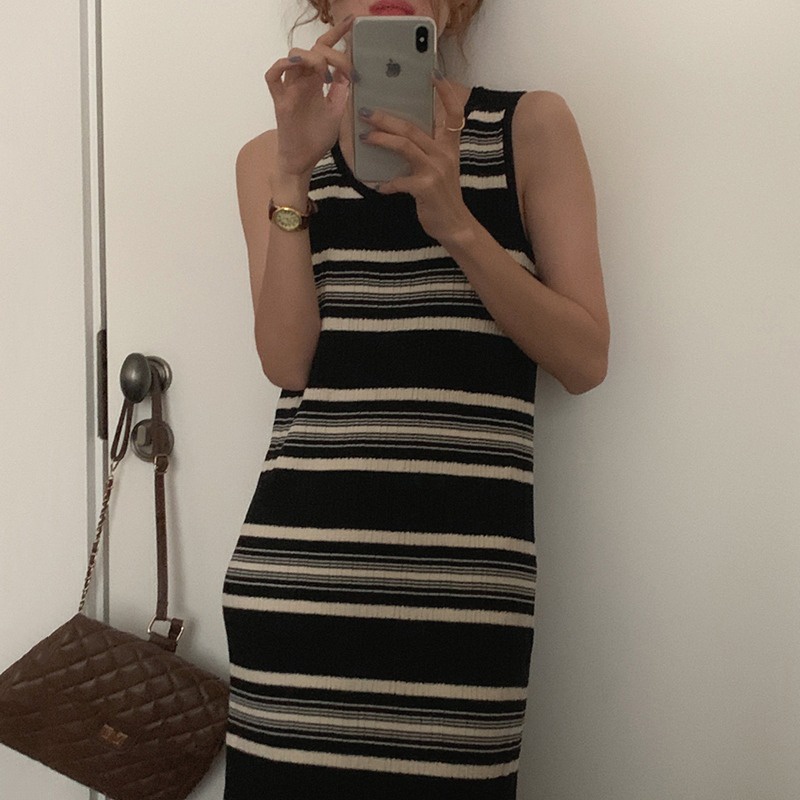 Đầm dệt kim ZHELIHANGFEI sát nách cổ tròn họa tiết sọc ngang thời trang trẻ trung cá tính cho nữ