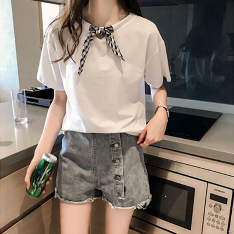 Áo thun tay ngắn cổ tròn thắt nơ thời trang Hàn Quốc dành cho bạn nữ