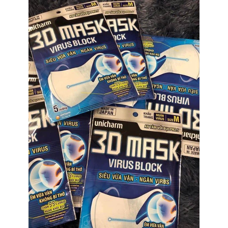 Khẩu trang ngăn vi khuẩn Unicharm 3D Mask Block size M gói 5 cái