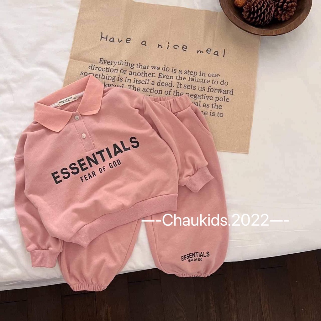 Bộ quần áo dài tay thu đông bé trai, bé gái, bộ thu đông có cổ họa tiết Essentialss phong cách Hàn Quốc cho bé