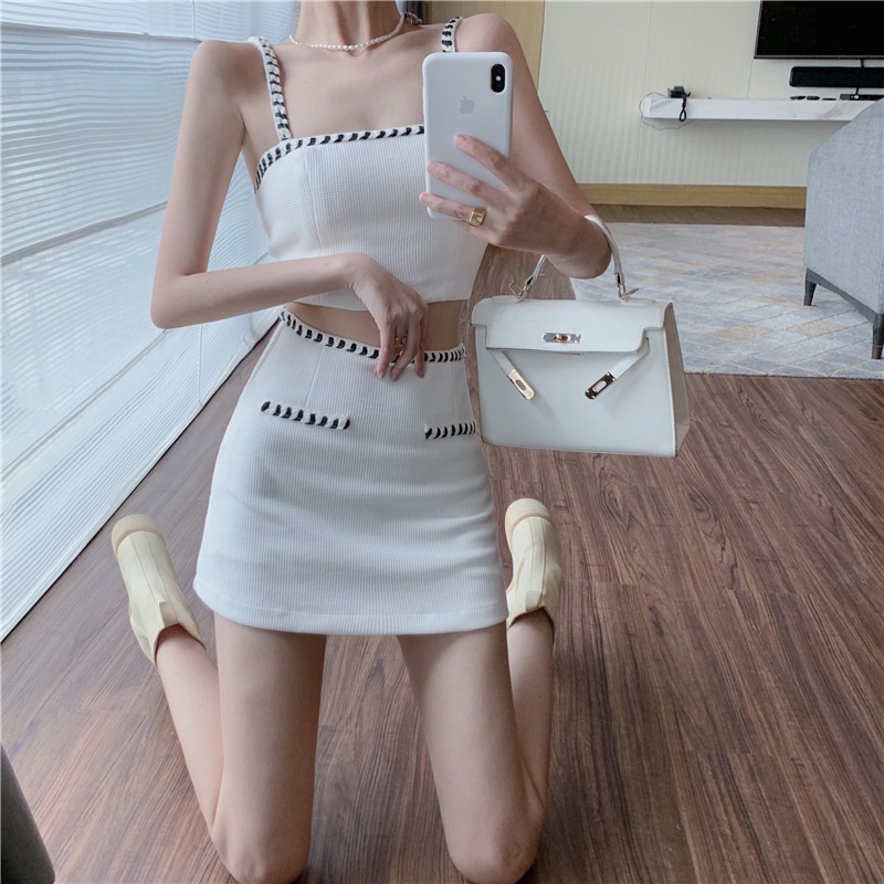 [Hana And Alice] Set Áo Hai Dây + Chân Váy Dệt Kim Thời Trang Nữ