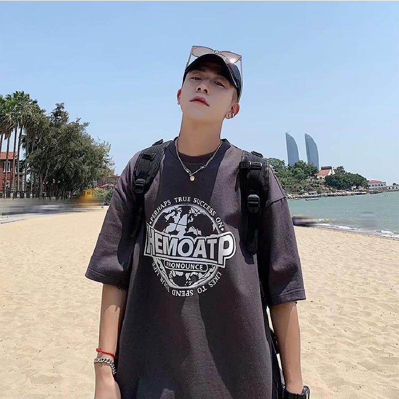 Áo thun tay ngắn dáng rộng in chữ phong cách Hàn Quốc thời trang cho nam size M-5XL