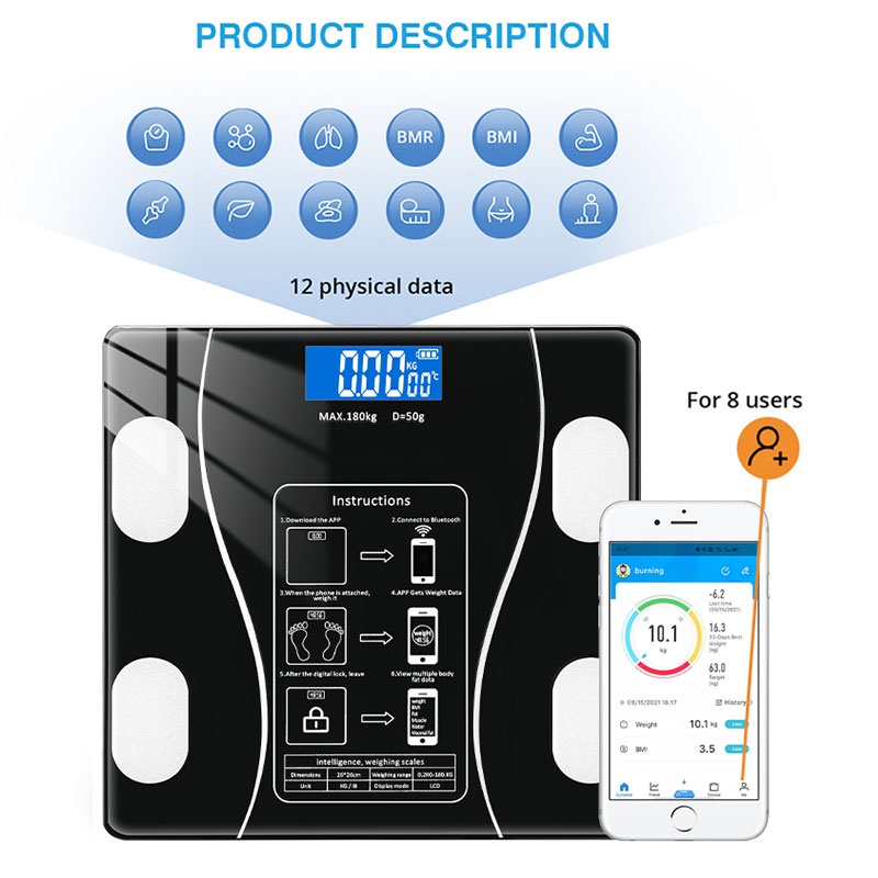 Cân Điện Tử Sức Khỏe Thông Minh Kết Nối Bluetooth Điện Thoại Đo Chỉ Số Sức Khỏe, Mặt Kiếng Cường Lực Chịu Lực Tốt
