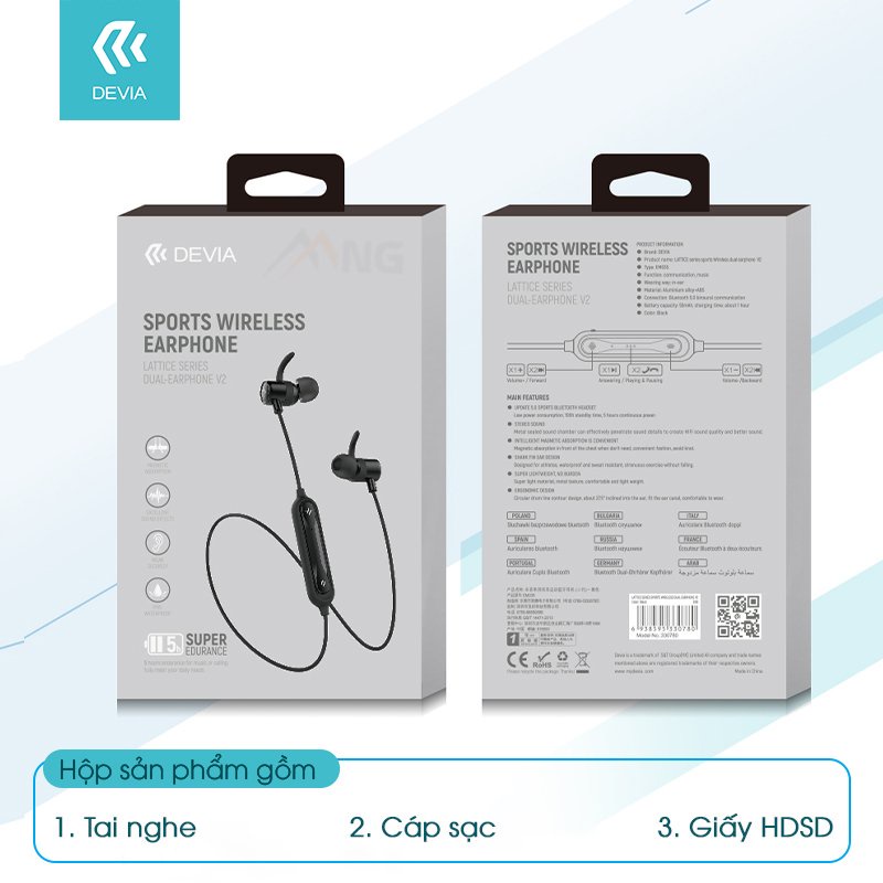 Tai nghe bluetooth không dây Thể thao DEVIA Lattice sport EM035 pin sử dụng liên tục 4h hàng chính hãng BH 12 tháng