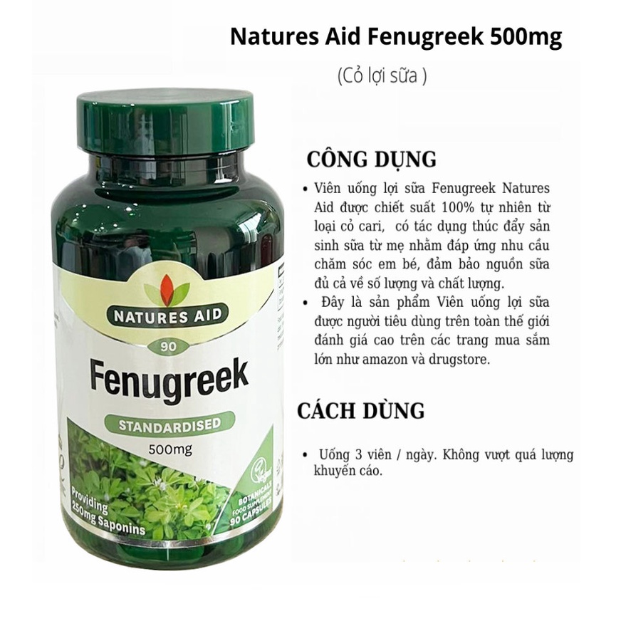 Cỏ Lợi Sữa Natures Aid Fenugreek 500mg - 90 viên - Nội Địa Anh - Mẫu mới