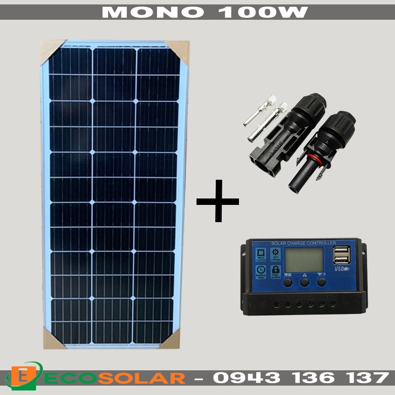 Pin năng lượng mặt trời mono 100w - cb 2 tấm+1 cặp jack mc4 đơn