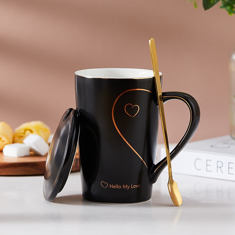 Ly cốc sứ có nắp Hello My Love viền vàng cực đẹp