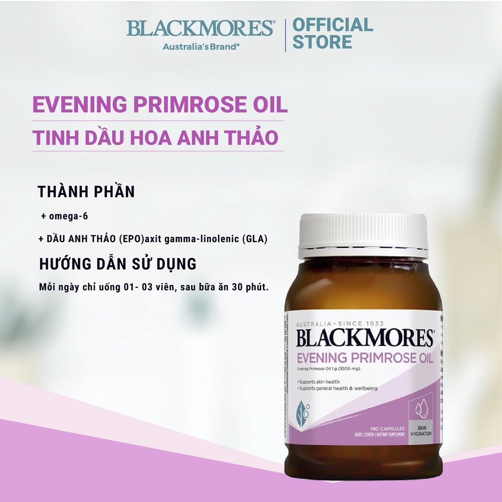 Tinh dầu hoa anh thảo Evening Primrose Oil Blackmores Úc 190 viên hỗ trợ cân bằng nội tiết tố làm đẹp da tóc, móng