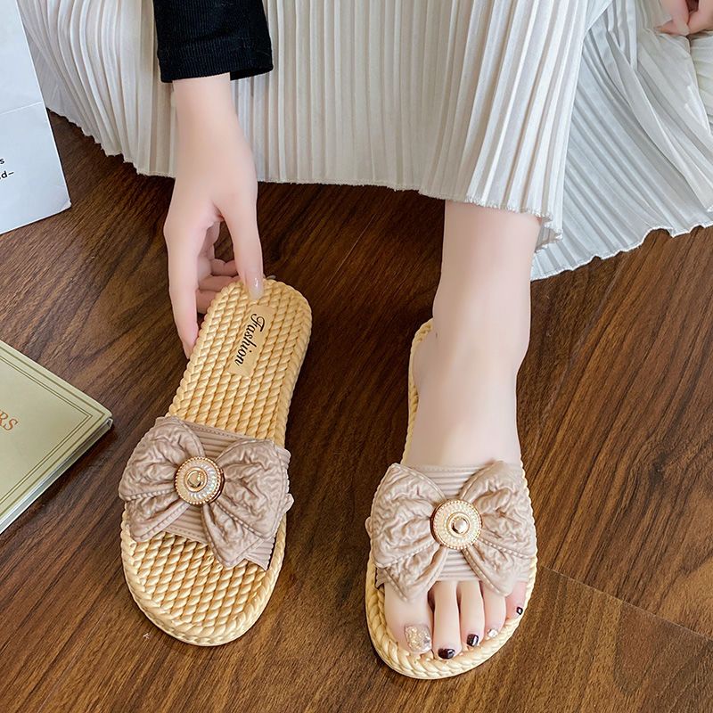 Dép Quai Ngang Đế Bằng Chống Trượt Đính Nơ Phong Cách Mới