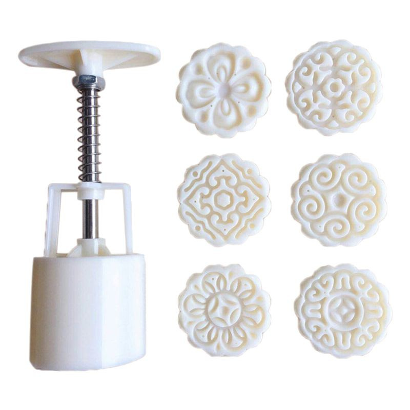 Bộ 6 khuôn in họa tiết hoa 3D kèm dụng cụ nhấn tròn trang trí bánh trung thu DIY 50g