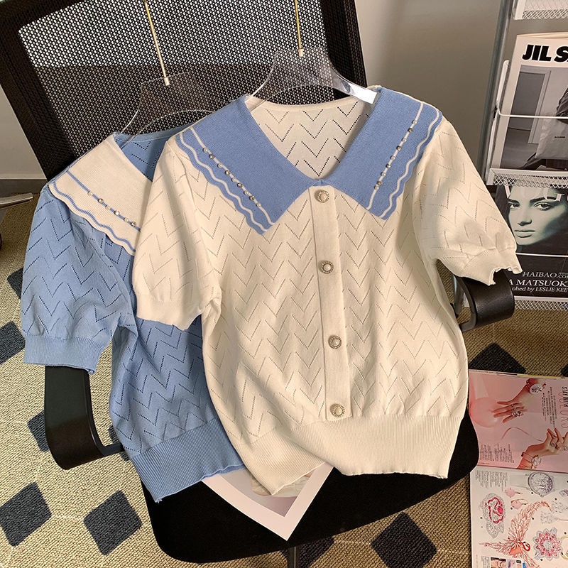 Áo Dệt Kim Mỏng Mùa Hè Khoét Lỗ Đính Kim Cương Phong Cách Mới Cho Nữ