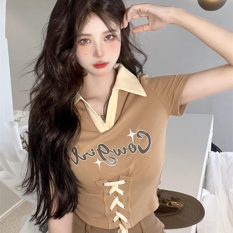 COZOK Áo polo Tay Ngắn Phối Dây Rút Phong Cách Vintage Gợi Cảm