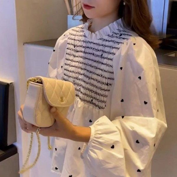 Áo Sơ Mi Tay Phồng Xếp Ly Dáng Rộng In Họa Tiết Trái Tim Xinh Xắn Thời Trang Cho Nữ